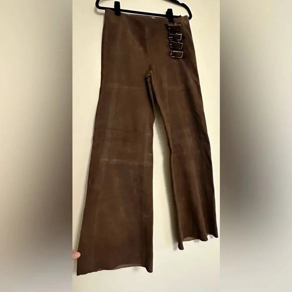 Vintage Valentino wide legged leather suede pants buckles, brown size 6 28 y2k